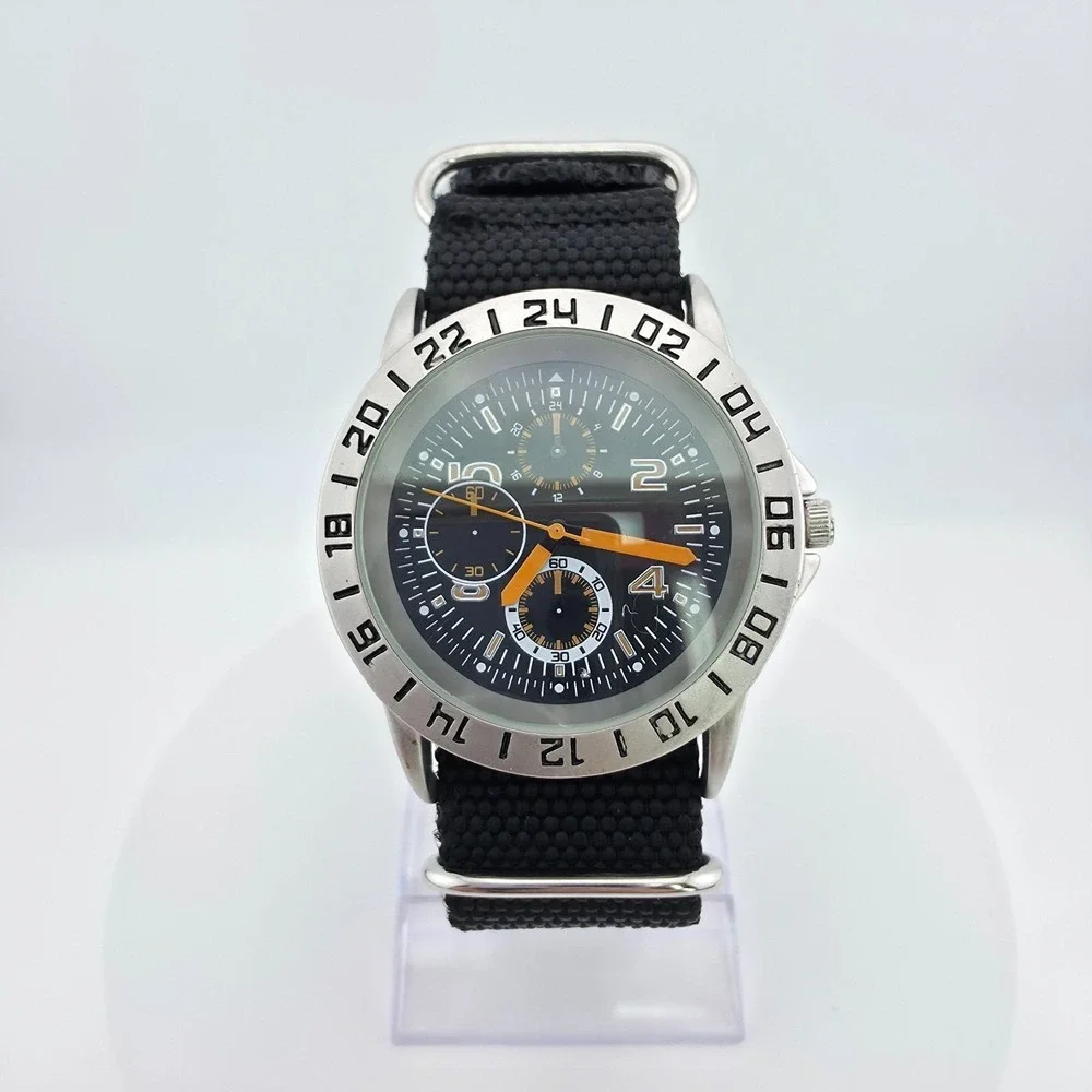 Men's Watch Sport Stainless Steal Case 24hr Military Bezel Black Band 9